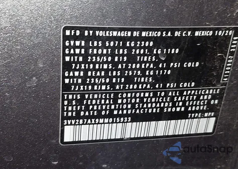 2021 Volkswagen Tiguan 2.0T Se/2.0T Se R-Line Black/2.0T Sel z USA, uszkodzony, nr VIN 3VV2B7AX9MM015933